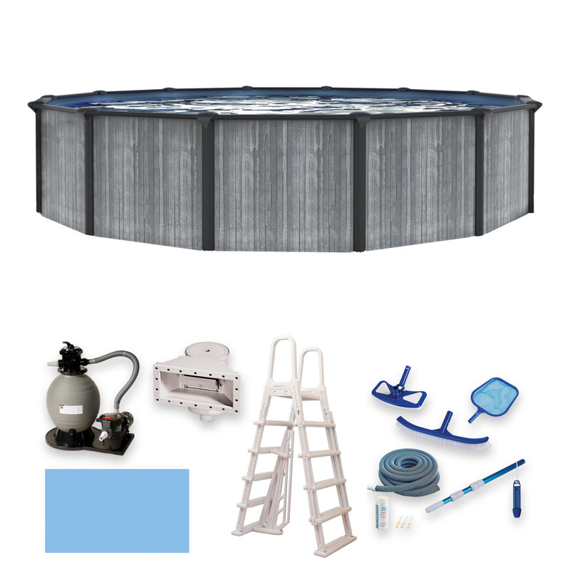 Piscine hors-terre ronde de 24 pieds et 52 pouces Blue Wave San Pedro - Rails supérieurs en acier, filtre à sable, écumoire, doublure, échelle en A et trousse d'entretien
