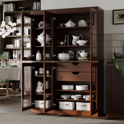 Vaisselier 100% bois massif 48,5 po avec portes en verre transparent, 2 tiroirs et tablettes réglables
