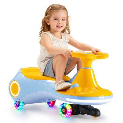 12V Electric Wiggle Car for Kids, 3-in-1 Ride-On Toy with Power Pedal, Scooter, Wiggle, and Pedal Modes, 160 lbs Capacity, Light Blue and Yellow Wiggle Car with Colorful LED Lights, Music, and Anti-Rollover Safety Design