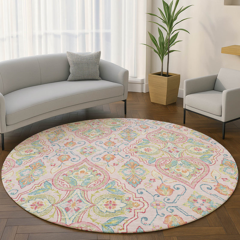 Tapis bohème de qualité supérieure lavable à la machine Mayfield AMF2207, Rose, 8' Round