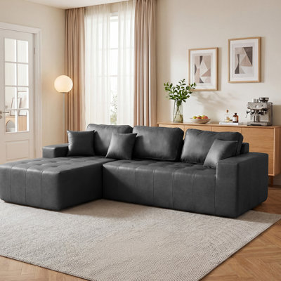 Canapé-lit de coin en similicuir avec méridienne à compression, canapé modulaire en forme de L avec éponge à haute densité, canapé convertible sans assemblage requis pour le salon, appartement, chambre d'amis (noir)