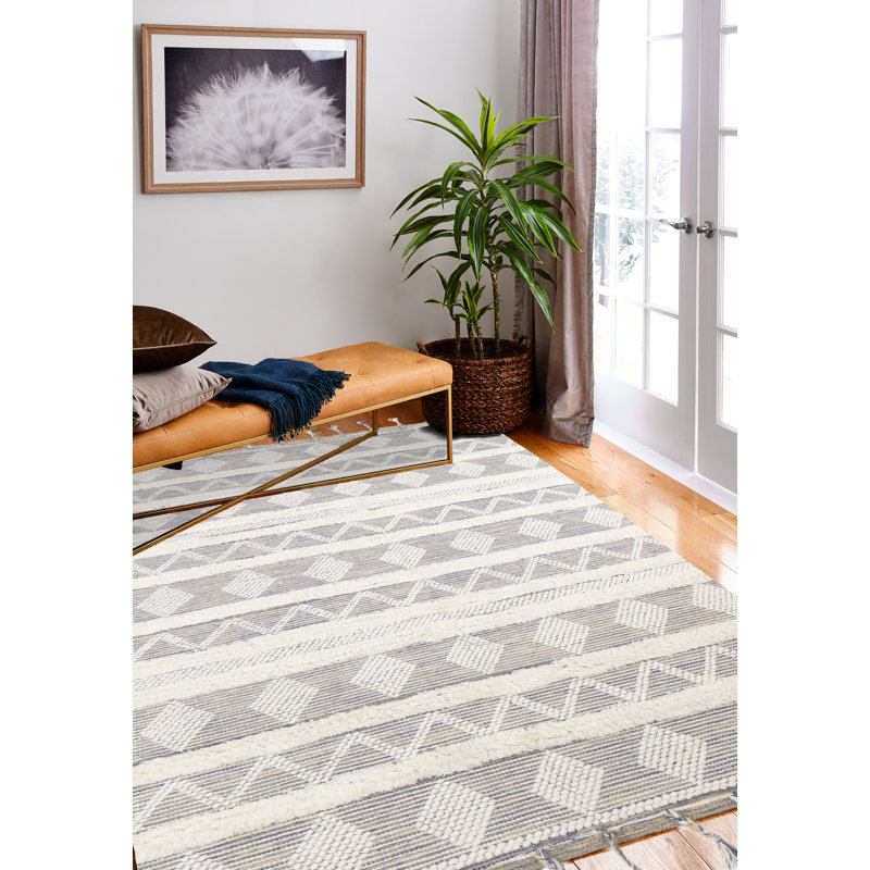 Ivory Geometric Hand-knotted Wool Rug, 3'6" x 5'6"
