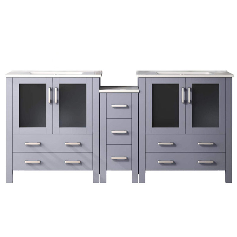 Meuble-lavabo double gris foncé de 72 po L, armoire latérale disponible, finition en céramique blanche, structure en bois massif, fonction de tiroir à fermeture en douceur, 2 armoires et 7 tiroirs, surface large gris