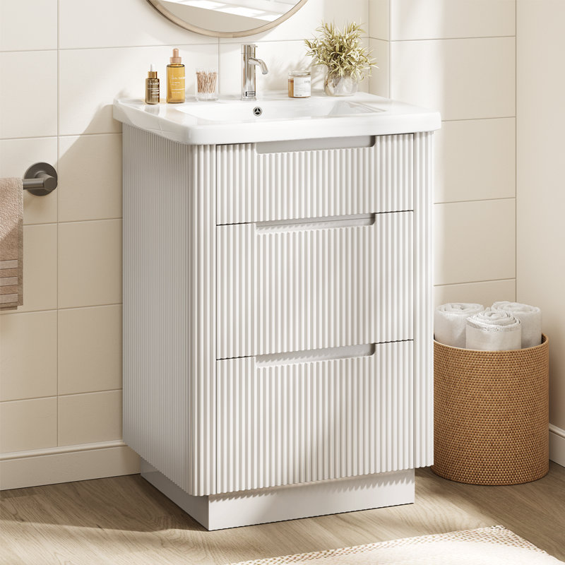 24" Single Bathroom Vanity With Fluted Panel Design And  Ceramic Sink, White