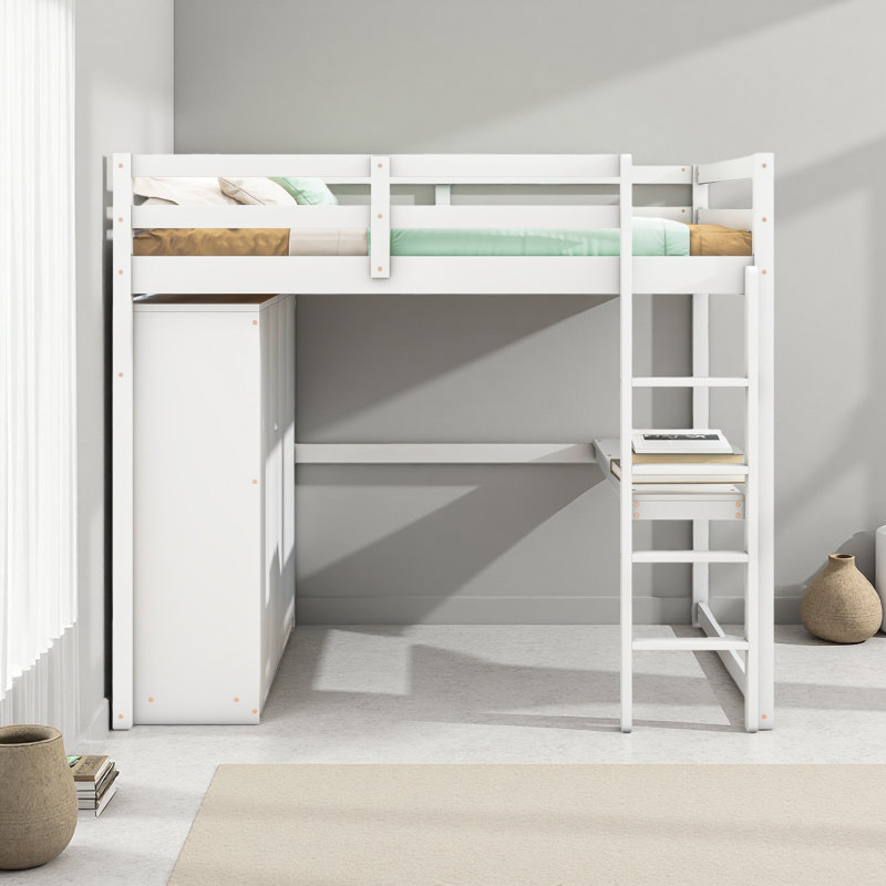 Lit mezzanine double en bois avec garde-robe intégrée, bureau, tablettes de rangement et tiroirs, Blanc