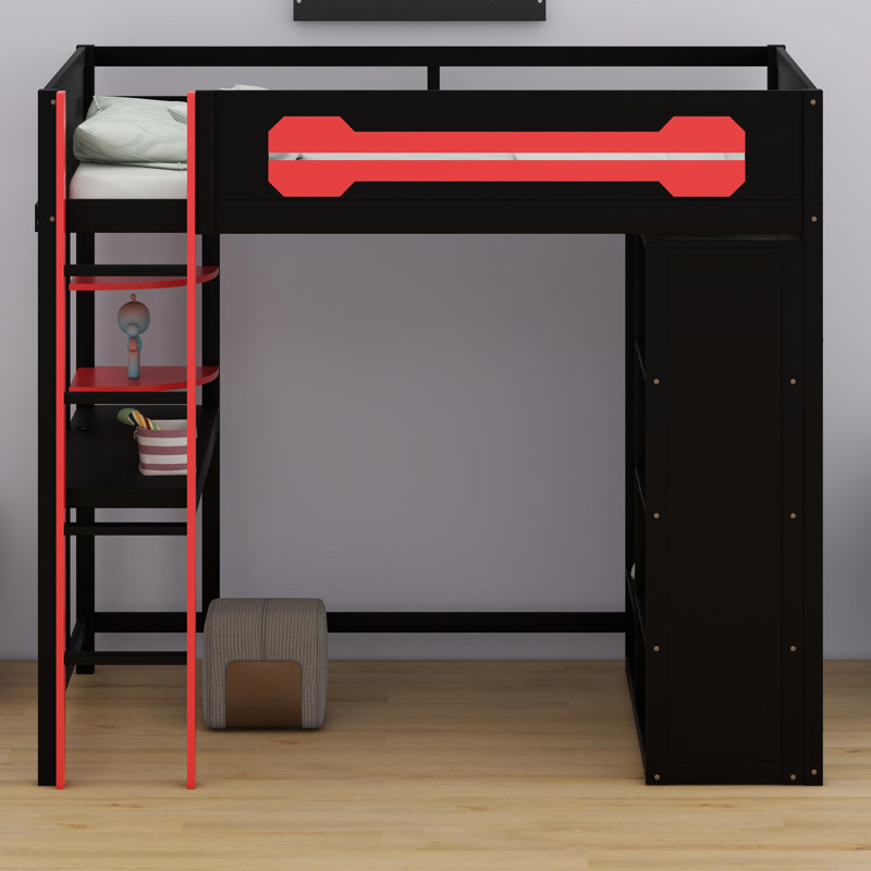 Space-Saving High Sleeper Featuring Workspace, Accessible Wardrobe Storage, and Dynamic LED Light Strips, Red