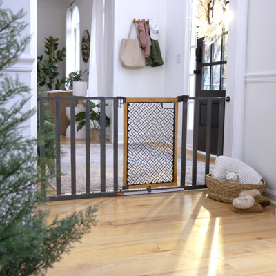 Ingenuity Thruway 60XW Series Extra Wide Safety Pet and Baby Gate, 30"-60" Wide, 26" Tall, Pressure or Hardware Mounted, Install Wall to Wall in Doorway or Stairway – Honey Oak Stained Wood and Metal