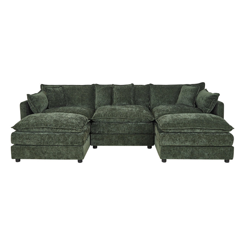 Modern Chenille Loveseat Sofa Couch With Ottoman, 33.85" H x 112.2" W x 35.82" D, Green Chenille