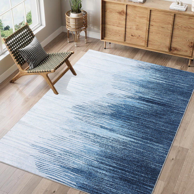 Washable Area Rug, Modern Abstract Ombre Low Pile Non Slip Foldable Indoor Carpet, Stain Resistant, Blue Tone, 2'x3', Blue