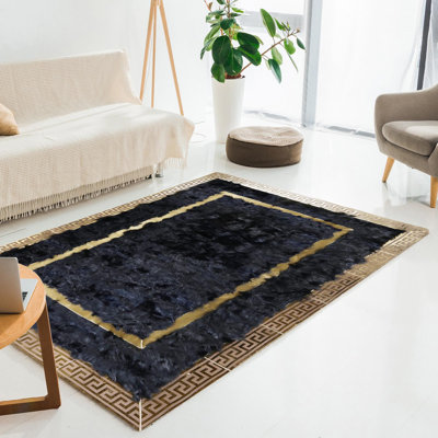 Tapis toscan bleu marine - Tapis en cuir toscan véritable fait à la main avec bordure dorée, tapis de luxe sur mesure pour salon et chambre à coucher 9,5 x 13,5 pi