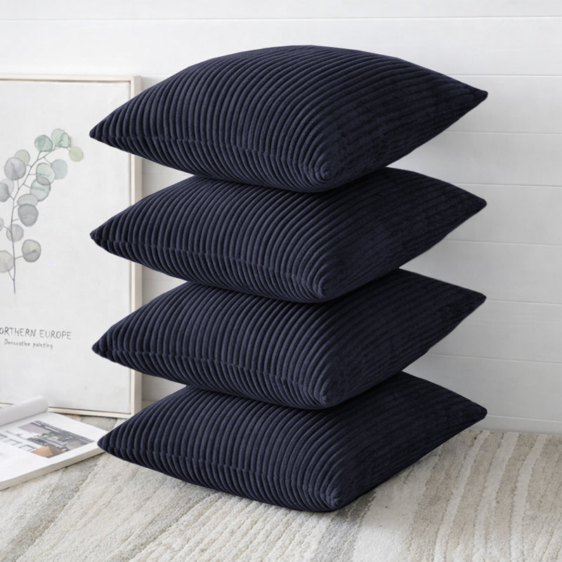 Striped Square Scatter Crushed Velvet Cushion Cover (Set of 4), Navy
