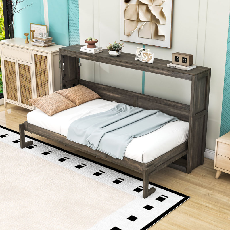 Lit escamotable simple en bois avec éclairage DEL et verrou de sécurité, Brown