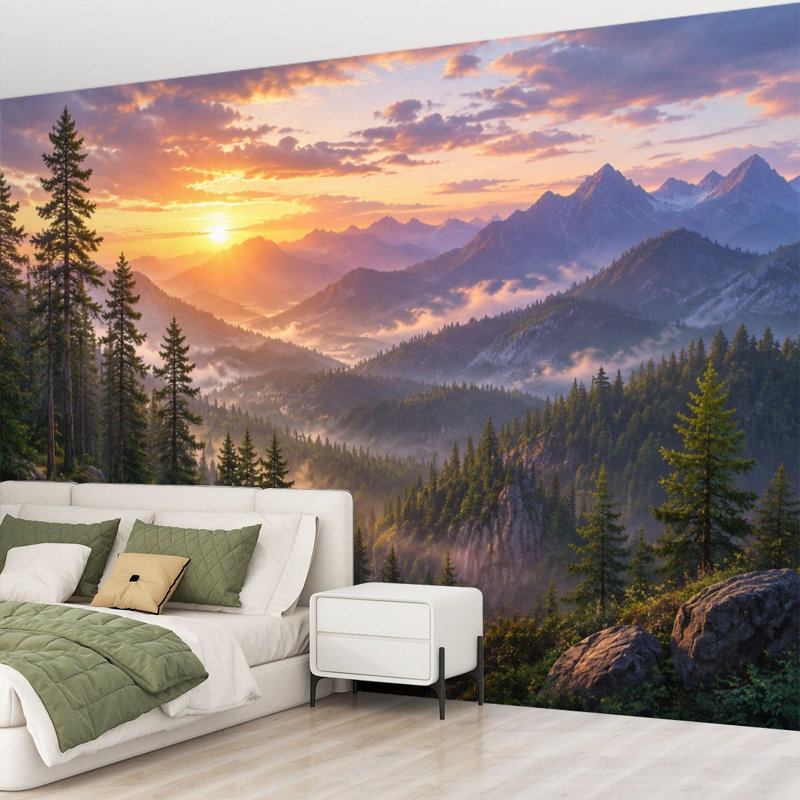 Papier peint adhésif auto-adhésif Sunrise Misty Pine Forest Mountain, L 69 po x l 96 po