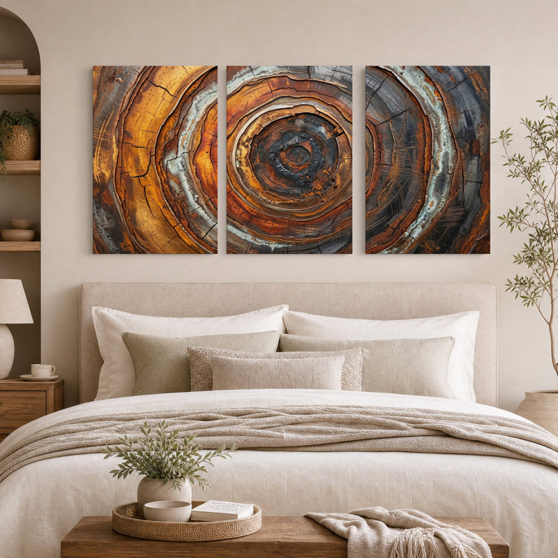 Ensemble de 3 tableaux sur toile représentant des anneaux d'arbres concentriques bruns et gris, 18"H x 12"W x 3pcs