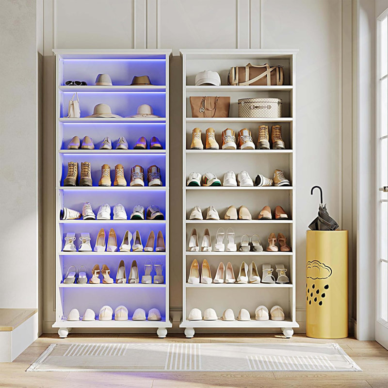 28.35" White 8-Tier Shoe Storage Cabinet with LED Light Strip, Wooden Shoe Rack for 26 Pairs, Tall 68.9" Open Organizer