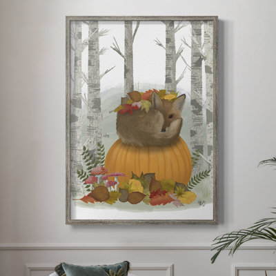 Renard enroulé sur une citrouille, reproduction encadrée - bois massif