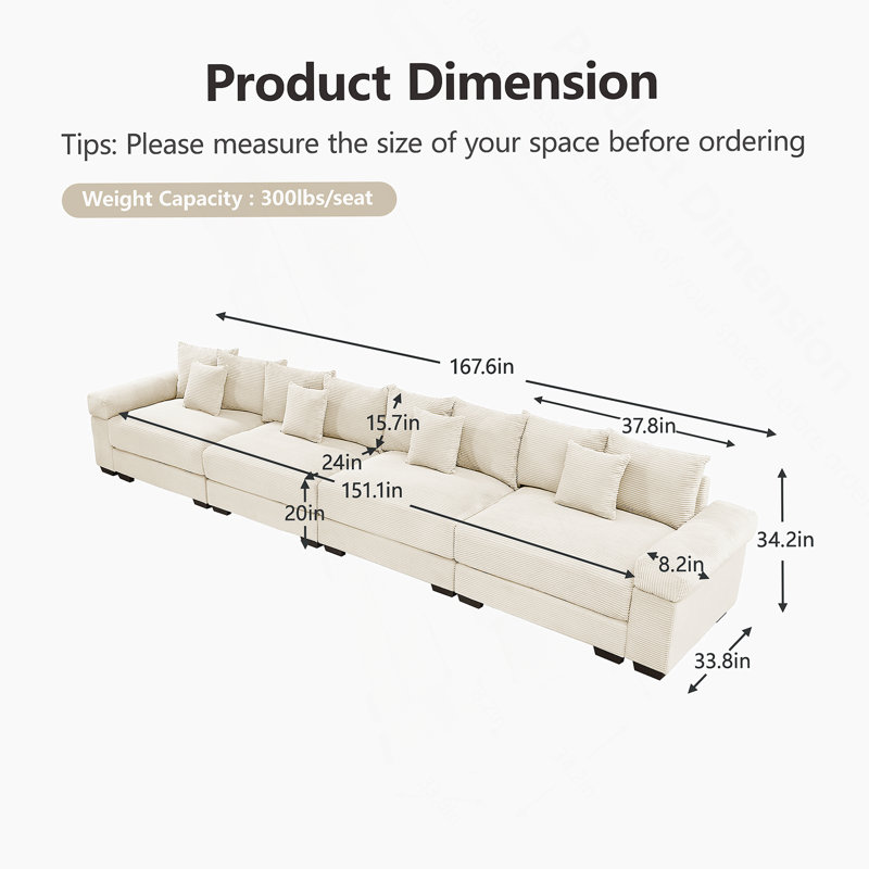 Canapé modulaire surdimensionné de 170 po Cloud, Velours côtelé beige