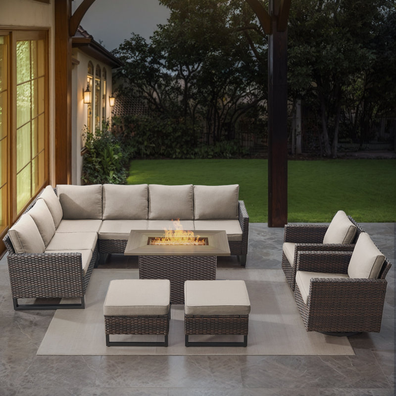 Ingvald 8- Person Outdoor PE Wicker Patio Conversation Set with Fire Pit, Ottomans and Cushions, Beige, Brown