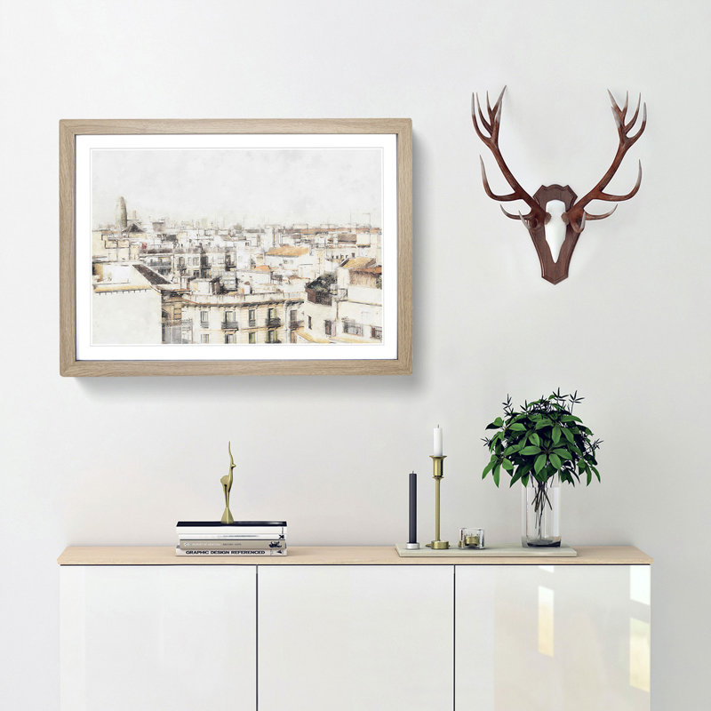 Rooftops in Barcelona Spain - Picture Frame Painting Print, Oak Framed, 62cm H x 87cm W x 2cm D