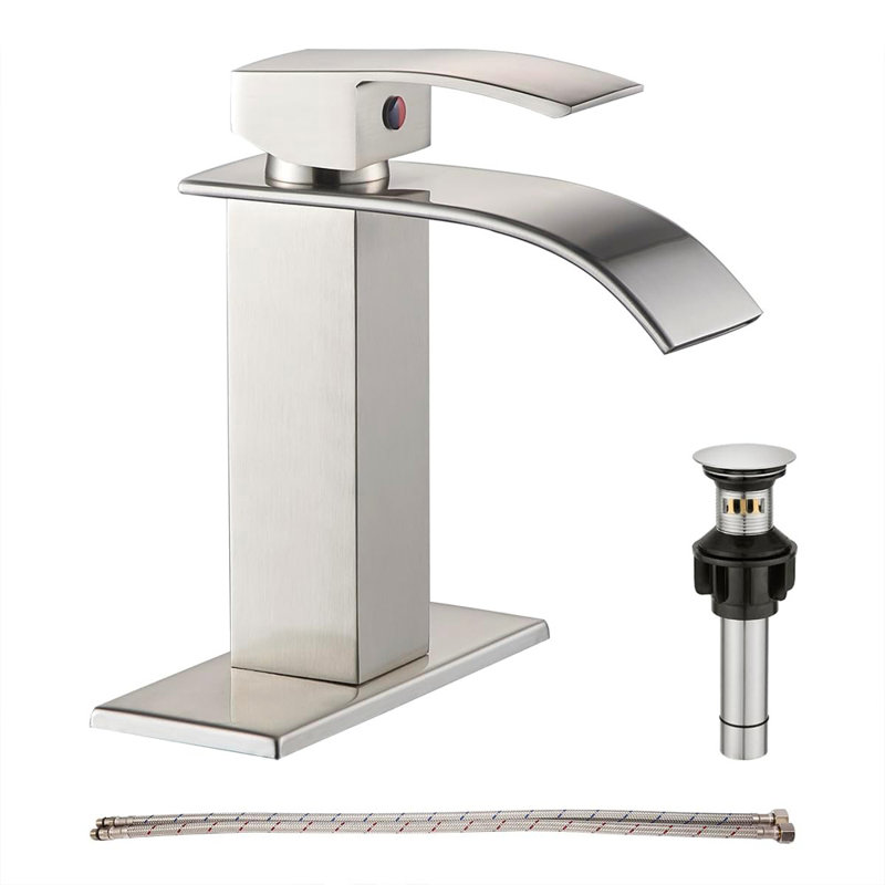 Robinet pour salle de bain à poignée simple avec drain, Nickel brossé