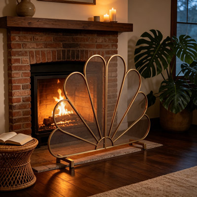 50"Fan-Shaped Peacock Design Freestanding Fireplace Screen, 2-Panel Ornate Metal Mesh Spark Barrier for Indoor Home Fireplaces,Gold