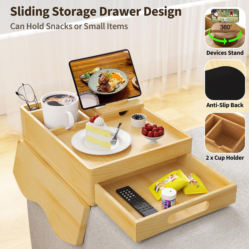 Couch Cup Holder Tray, 7-In-1 Couch Arm Tray, Sofa Clip-On Side Table With Push-Pull Drawer To Organize And Store Small Objects, 360°Swivel Phone Holder