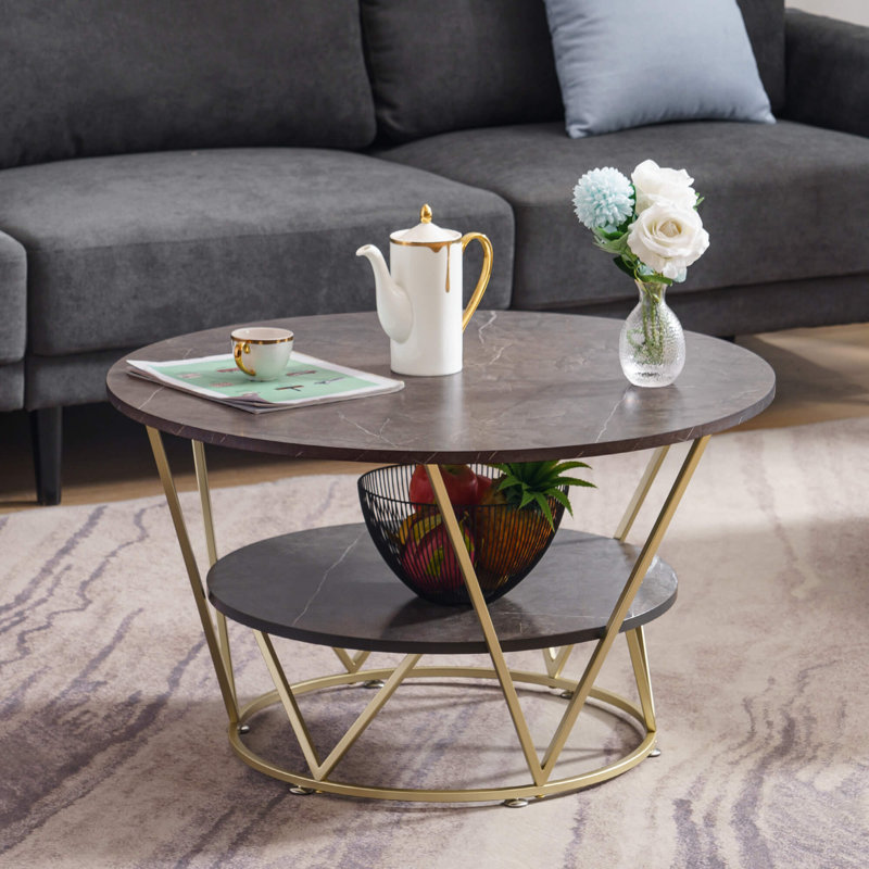 Rena Modern 2-Tier Round Coffee Table - Faux Marble with Storage Shelf and Metal Frame, Gray