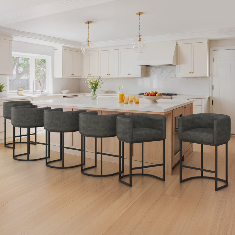 26" Upholstered Counter Stool with Metal Frame, Dark Gray/Faux Leather/Black