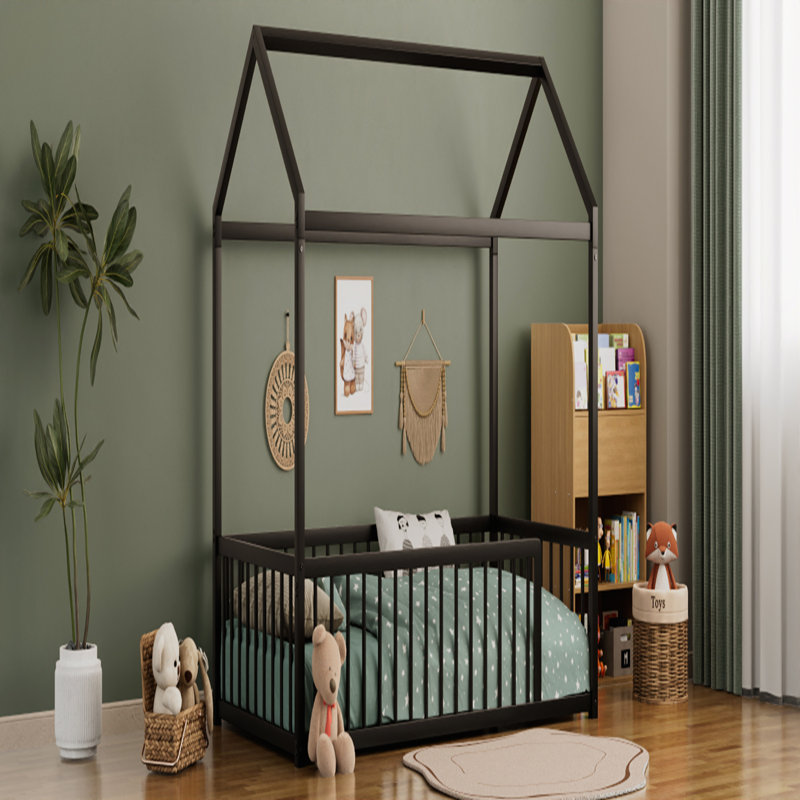 Structure de lit simple en métal de style Montessori, en forme de maison avec clôture de sécurité pour enfants et tout-petits, facile à assembler, noir