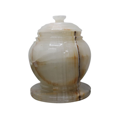 Decorative Marble Urn With Lid, White Onyx With Brown Swirl Pattern, 10.5" H X 8.25" W, 17.3 Lbs