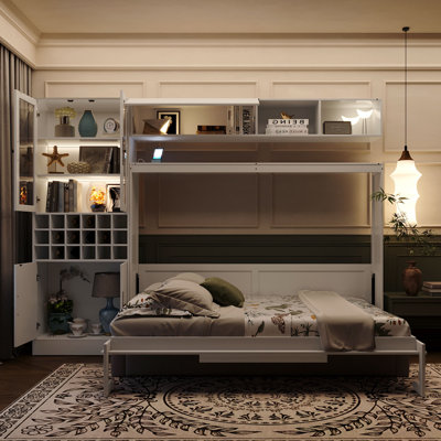 Murphy Wall Bed with Sofa, Storage Shelves, USB Charging & LED Light – Space-Saving Studio Bed ,