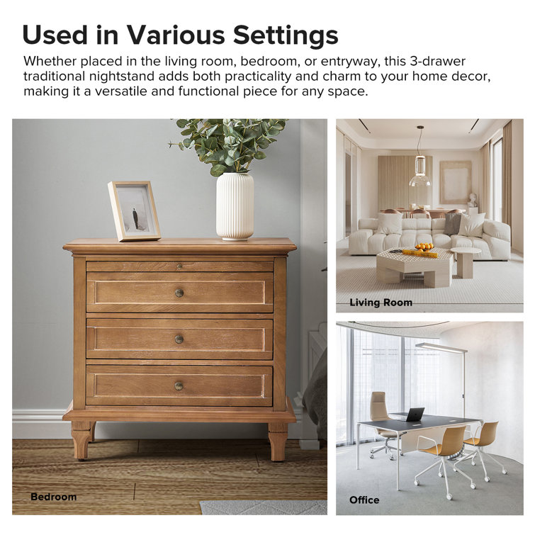 Cheylyn 3 - Drawer Nightstand with Built-in Charging Station and Solid Wood Legs （Set of 2）