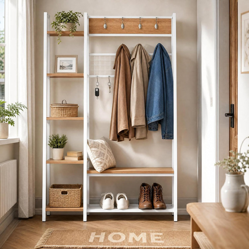 4-in-1 Hall Tree with Shoe Bench, Entryway Coat Rack with 8 Removable Hooks, Industrial Storage Bench with Shelves for Entryway, Mudroom & Hallway