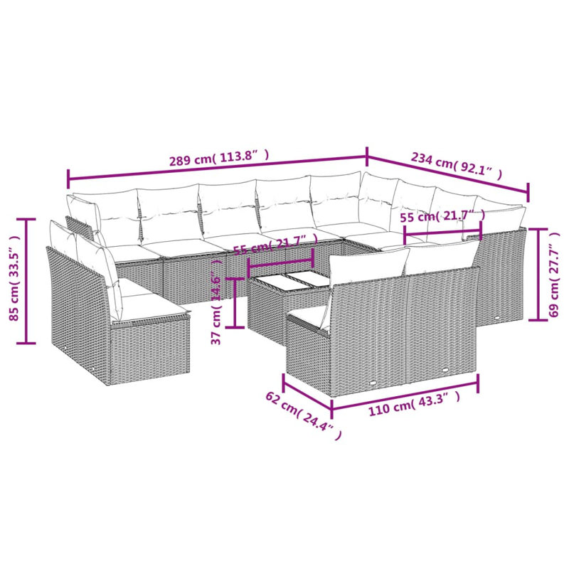 Ensemble de canapé de patio 13 pièces avec coussins en rotin de polyester, Gris, Marine