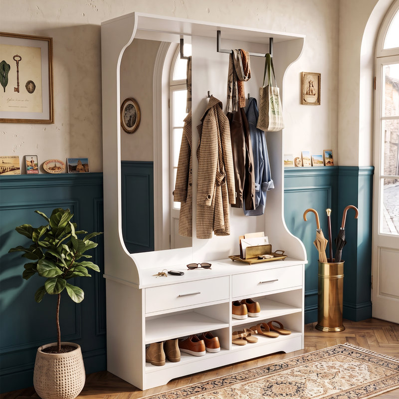 104cm Hall Tree With Storage Bench And Mirror, Entryway Coat Rack With 4 Hooks, Drawers & Shoe Storage, White