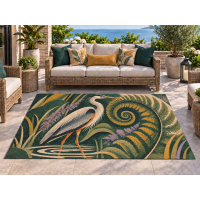 Tapis d'extérieur 5' x 7' Heron Fern Garden, épais, solide, imperméable, en PVC bouclé, tapis de patio robuste, tapis intérieur/extérieur à séchage rapide pour porche, terrasse, balcon, entrée, camping-car.