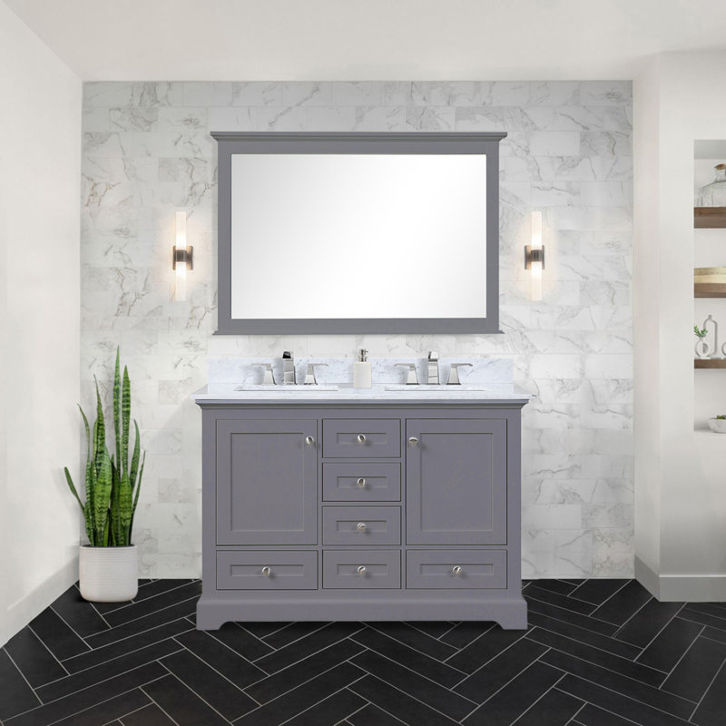 Meuble-lavabo double contemporain avec plateau en marbre de Carrare et miroir