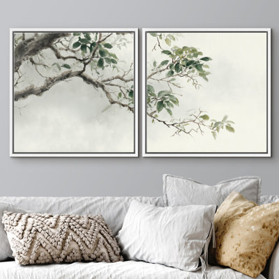 Minimal Green Leaves Botanical Branch Wall Art Set Framed Master Bedroom Wall Art Work 2 Pieces Print