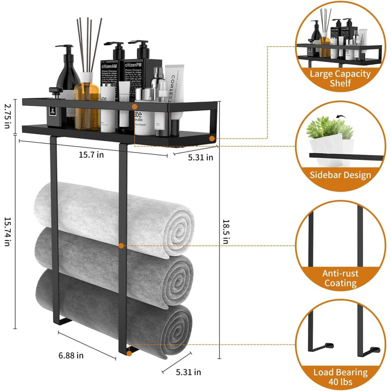 Porte-serviettes mural noir avec tablette en bois pour la salle de bain, le VR et le camping.