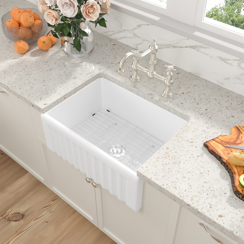 24" L x 18" W Single Bowl Ceramic Farmhouse/Apron Kitchen Sink with Sink Grid and Basket Strainer