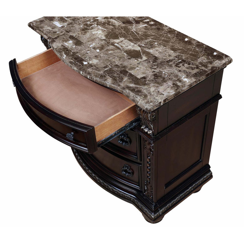 Dark Cherry Finish with Gold Tipping European Design 1pc Nightstand with Genuine Marble Top Traditional Bedroom Furniture 3-Drawers