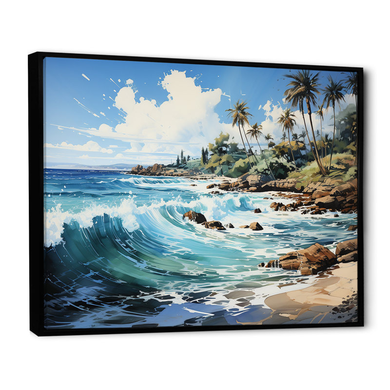 Palmier turquoise sur fond tropical, Cadre flottant noir, H 34 po x l 44 po x P 1,5 po