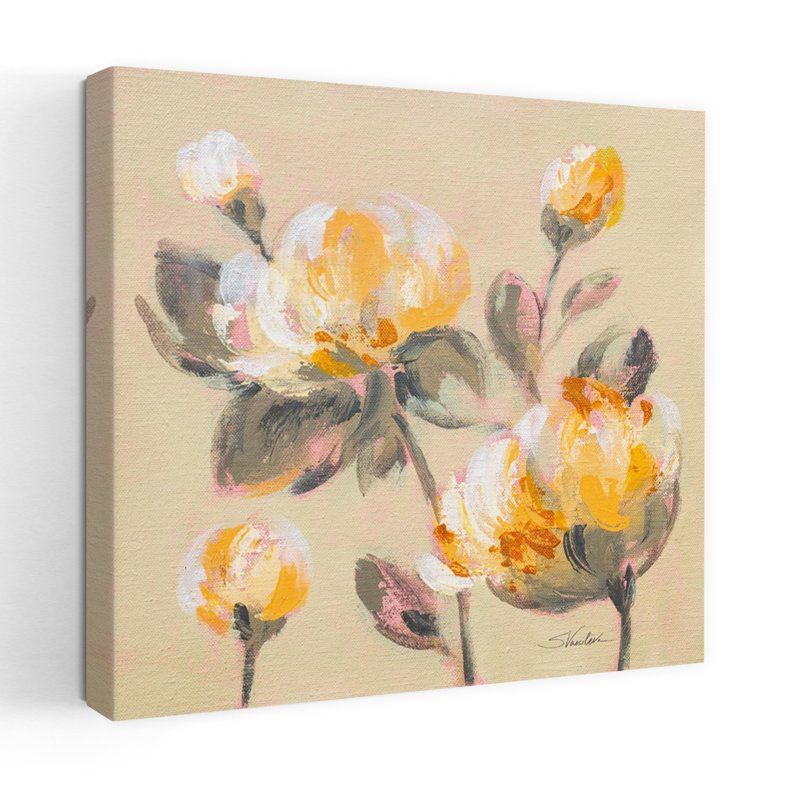 Art contemporain avec pivoines en fleurs et fleurs beiges, H 48 po x l 48 po