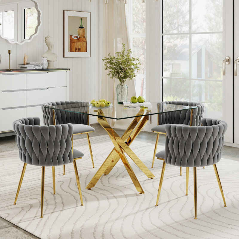Ensemble de salle à manger à piédestal carré avec chaise tissée, 5 pièces: table, 4 chaises, Gris, Doré
