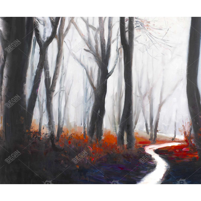 «Mysterious Forest with Stream» - Toile encadrée contemporaine grise