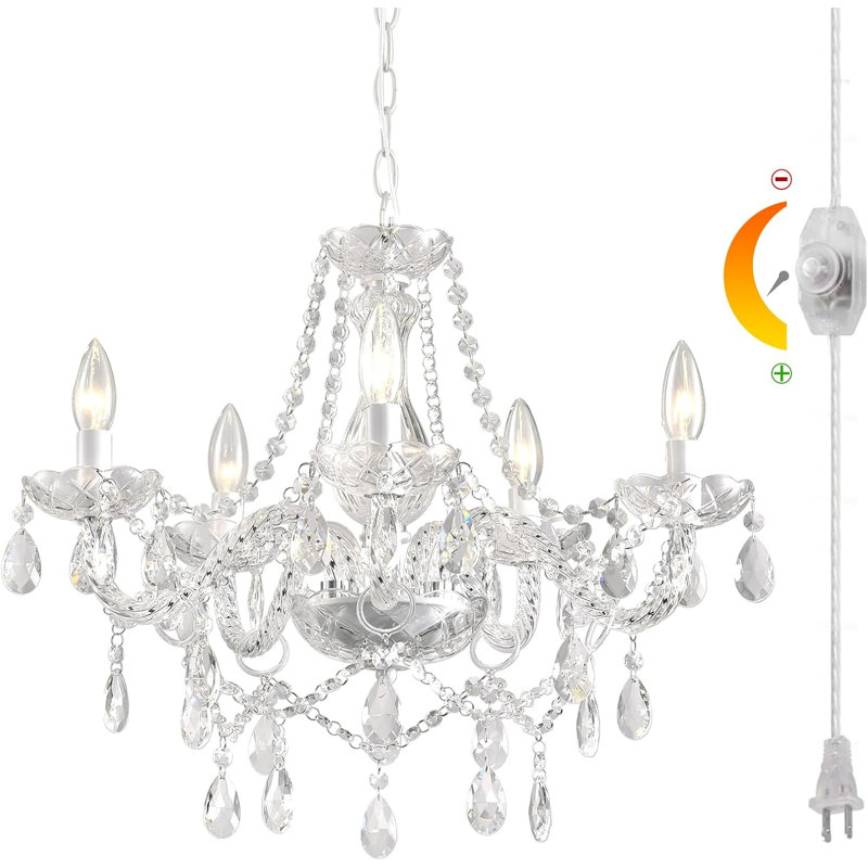 Dimmable Plug-in Glass Chandelier 5 Light Crystal (Bulbs Included), White Hanging Pendant Light, White