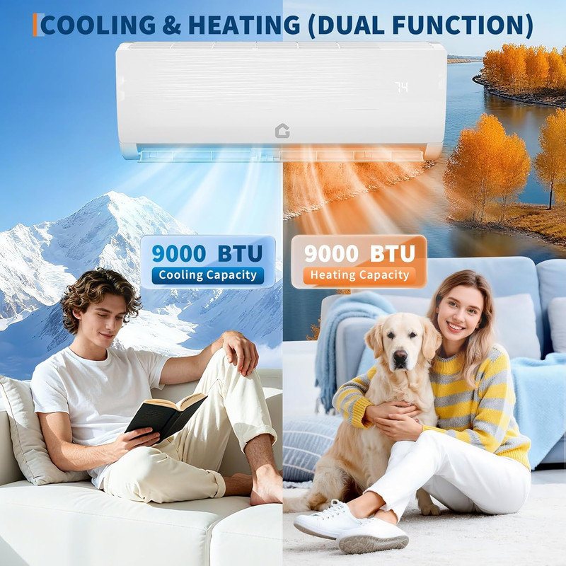 9000 BTU Mini Split AC - inverseur 19 SEER2, refroidit et chauffe jusqu'à 450 pieds carrés Système sans conduit ultra-silencieux 230 V pi