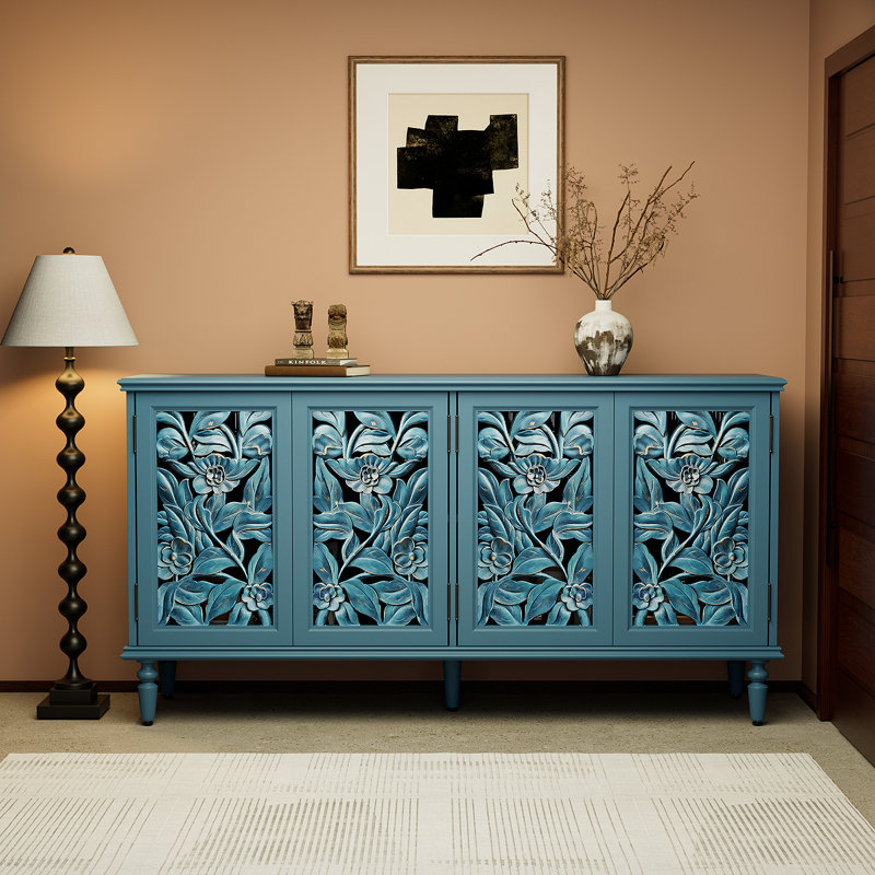 Buffet traditionnel de 61 po de largeur avec éclairage DEL, gestion des câbles et tablettes réglables, Bleu