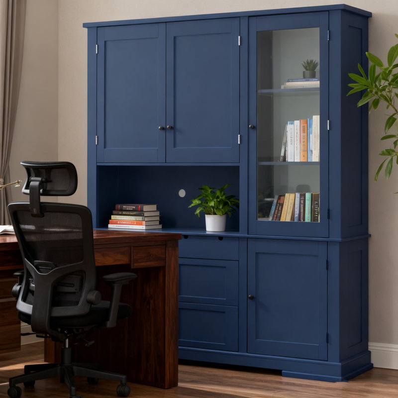 Topmax Traditional 63.3X17.8.X78.3Inch Freestanding Buffet With Hutch, Large Kitchen Pantry Storage Cabinet Cupboard With Drawers,Door Shelf And Adjustable Shelves, Blue