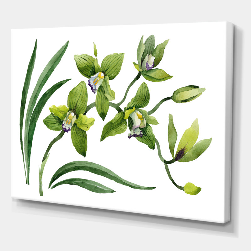 Fleurs d'orchidées vertes - peinture sur toile, H 24 po x l 32 po x P 1 po, Toile tendue